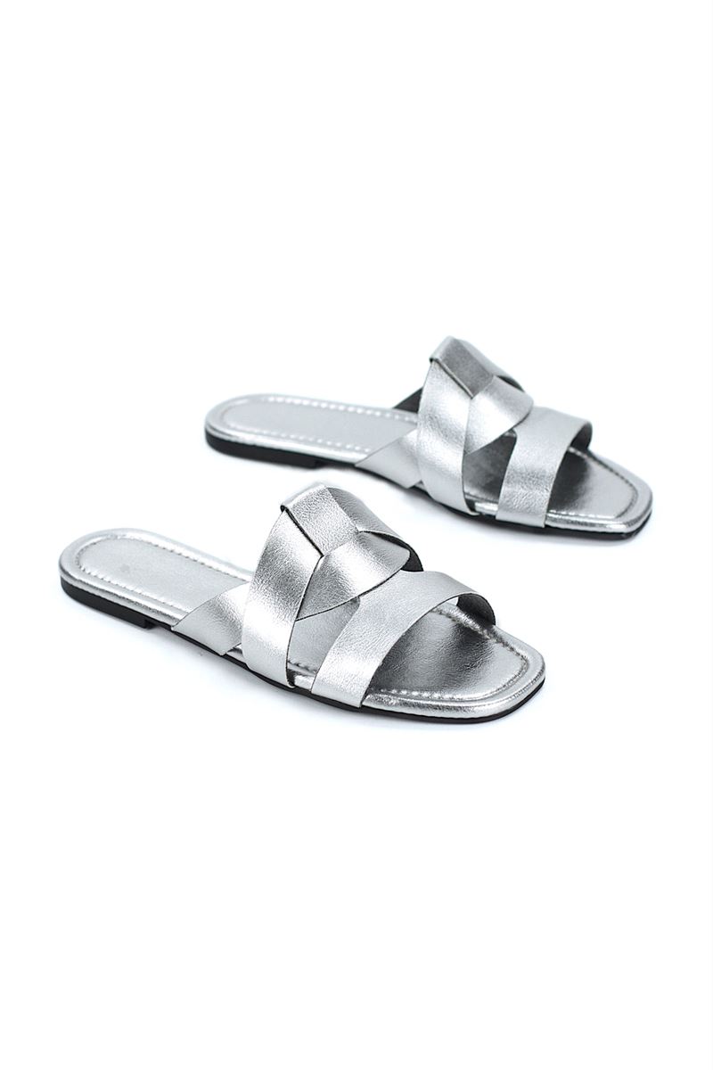 Venza Kadın Çapraz Geçme  Lame Metalik Cilt Terlik