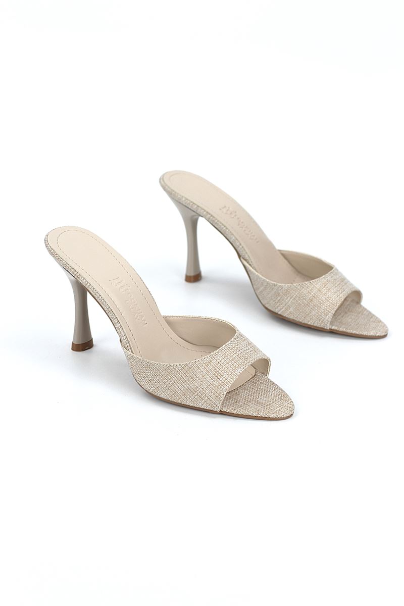 Zafira Esnek Yumuşak Kaymaz Taban (8 cm) Bej Keten Kadın Topuklu Terlik