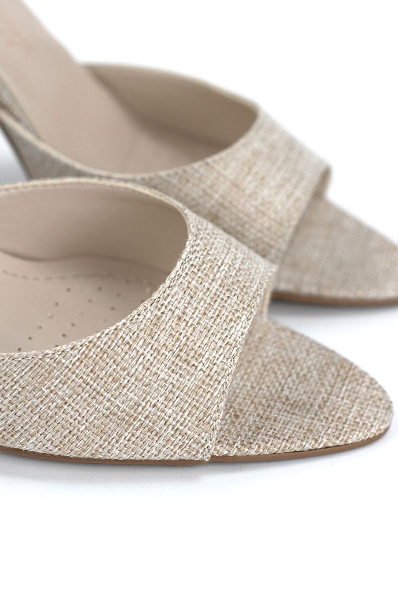 Zafira Esnek Yumuşak Kaymaz Taban (8 cm) Bej Keten Kadın Topuklu Terlik