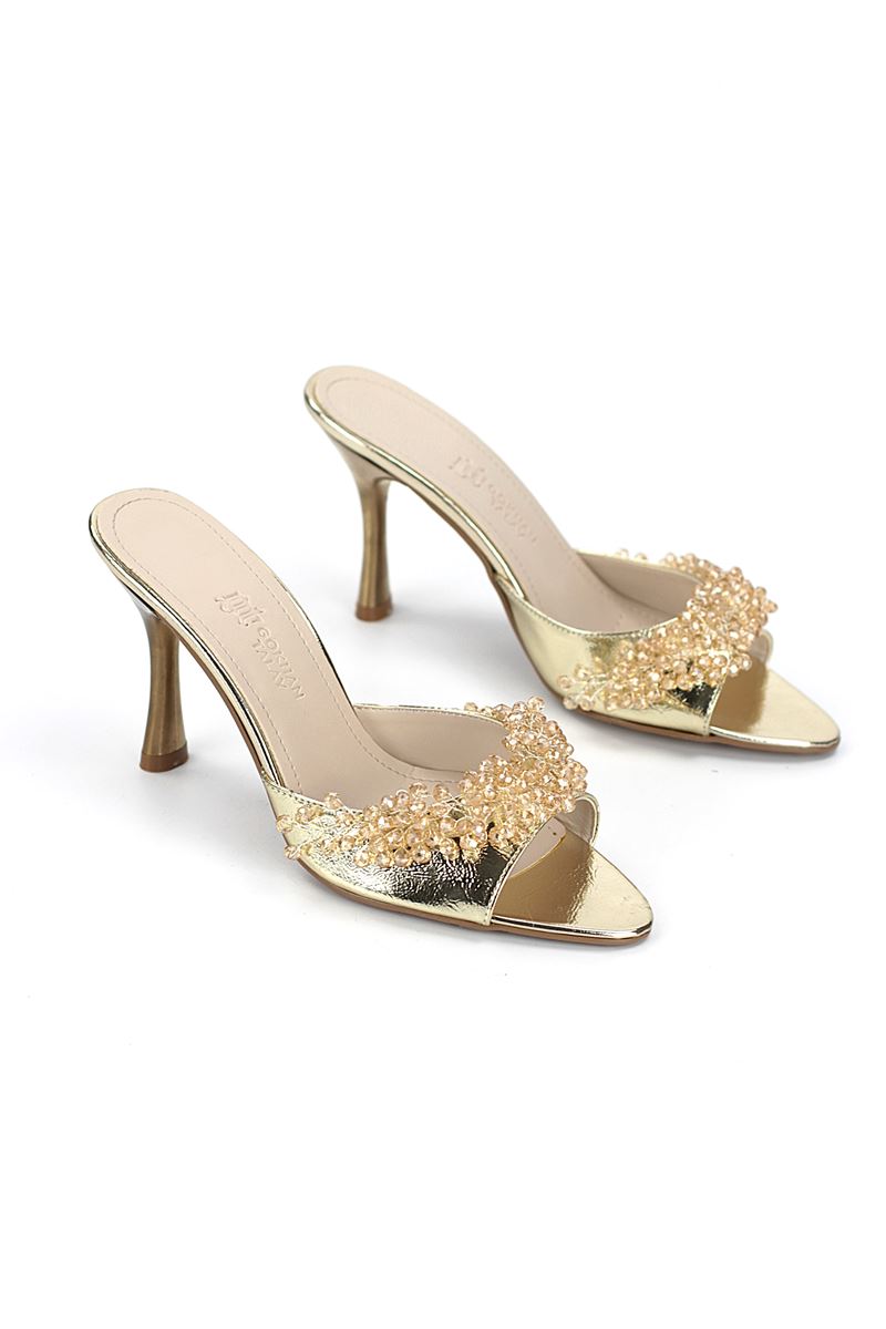 Lucine Esnek Yumuşak Kaymaz Taban (8 cm) Dore Metalik El Yapımı Boncuk Detaylı Kadın Topuklu Terlik 