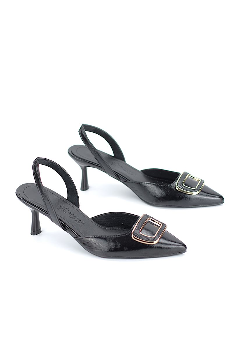 Jolie Esnek Kaymaz Taban Siyah Rugan Orta Topuklu(4cm) Kemik Toka  Klasik Topuklu Ayakkabı