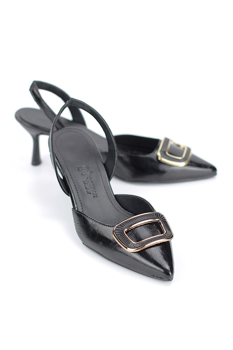 Jolie Esnek Kaymaz Taban Siyah Rugan Orta Topuklu(4cm) Kemik Toka  Klasik Topuklu Ayakkabı