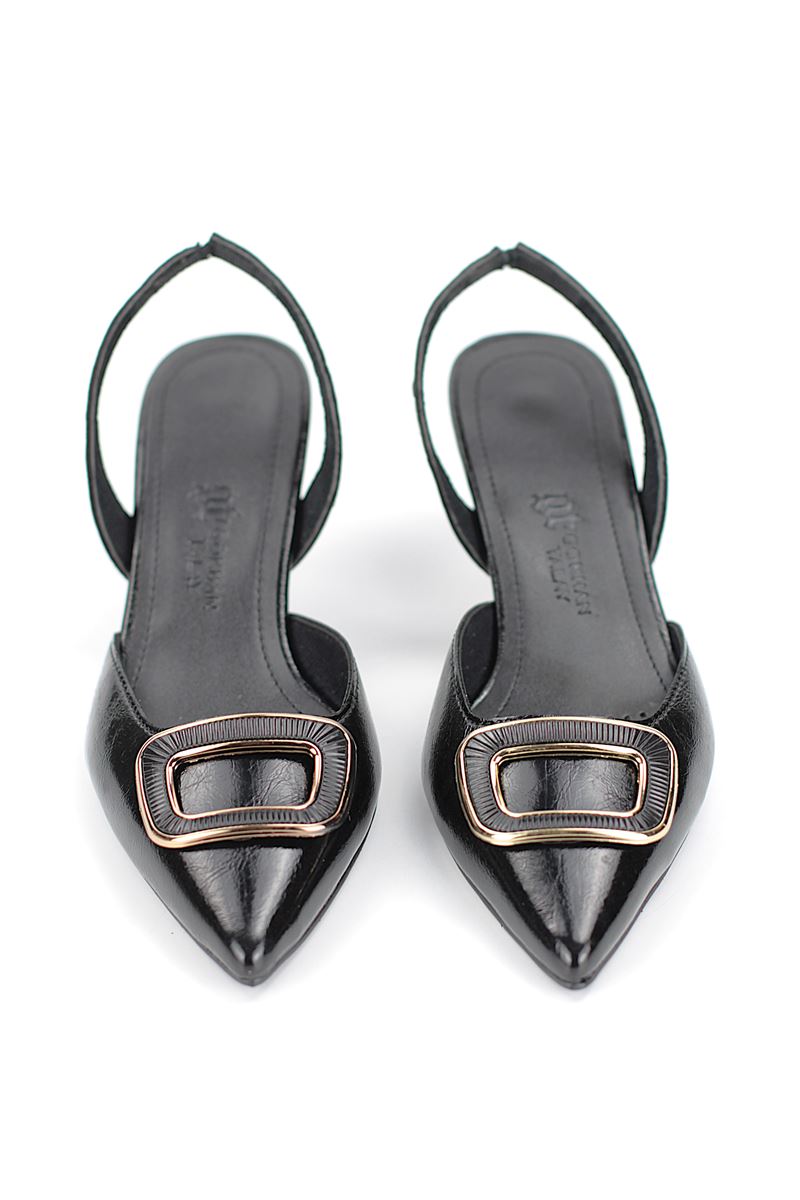 Jolie Esnek Kaymaz Taban Siyah Rugan Orta Topuklu(4cm) Kemik Toka  Klasik Topuklu Ayakkabı