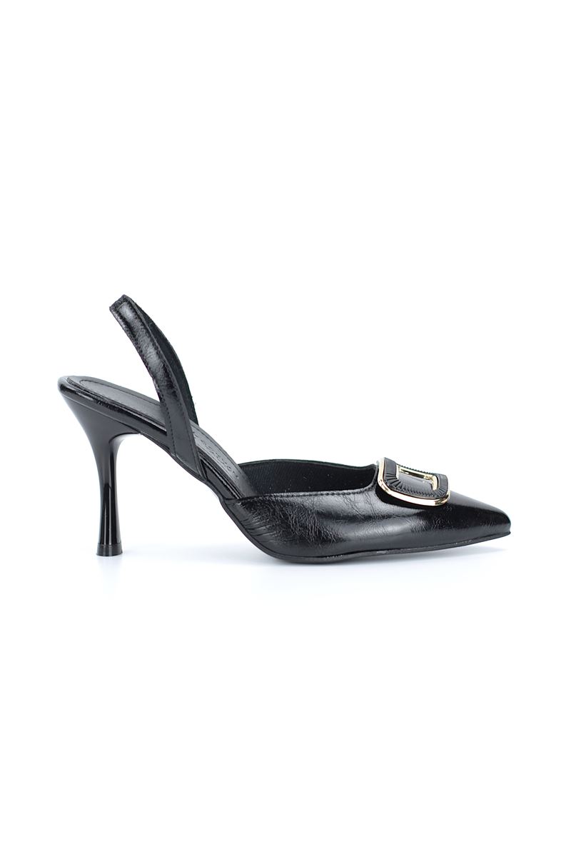 Lori Esnek Kaymaz Taban Siyah Cilt Orta Topuklu(8 cm) Kemik Toka Klasik Topuklu Ayakkabı