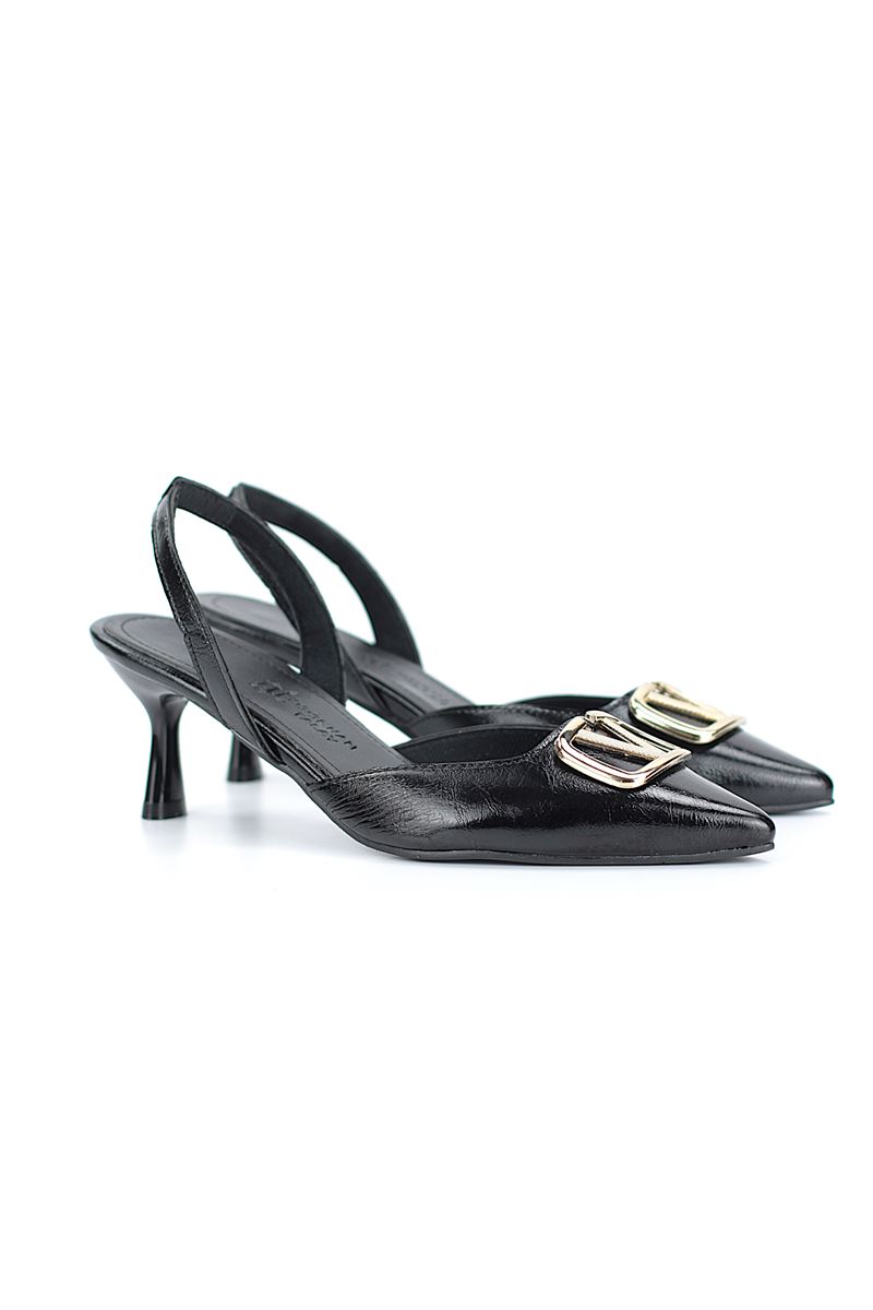 Jolie Esnek Kaymaz Taban Siyah Rugan Orta Topuklu(4-6 cm) Altın V Toka  Klasik Topuklu Ayakkabı