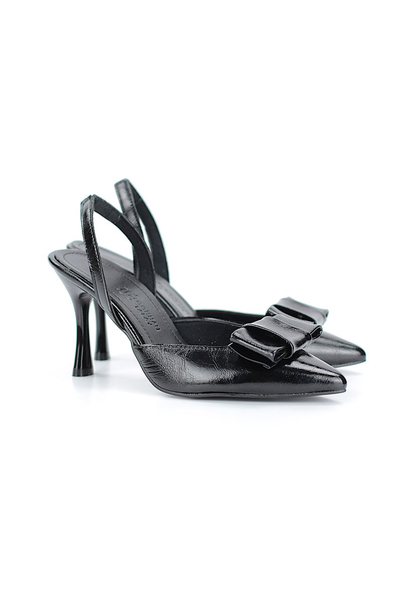 Lori Esnek Kaymaz Taban Siyah Rugan Orta Topuklu(8 cm) Köşe Fiyonk Klasik Topuklu Ayakkabı