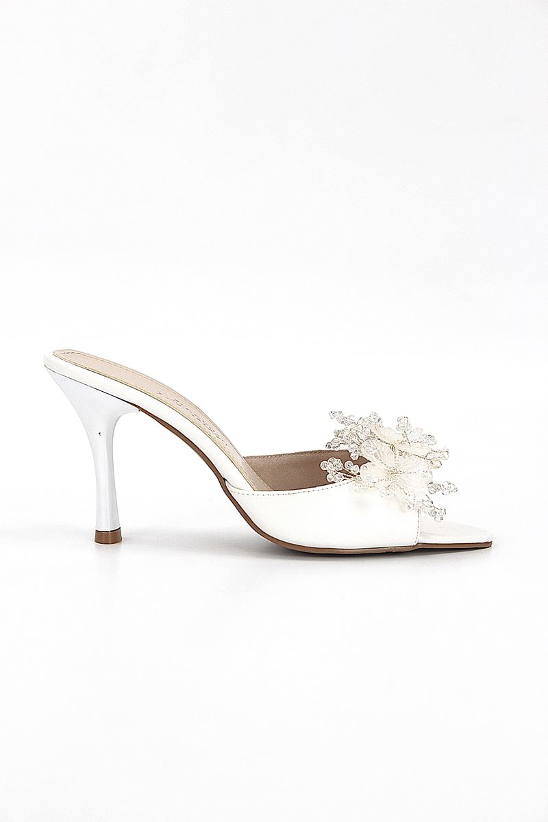 Cosima Esnek Yumuşak Kaymaz Taban (8 cm) Beyaz Cilt El Yapımı şeffaf Yaprak Detaylı Kadın Topuklu Terlik 