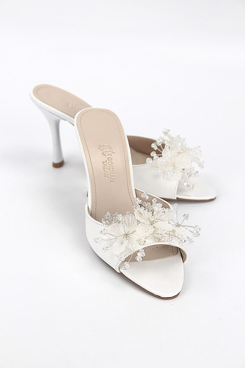 Cosima Esnek Yumuşak Kaymaz Taban (8 cm) Beyaz Cilt El Yapımı şeffaf Yaprak Detaylı Kadın Topuklu Terlik 