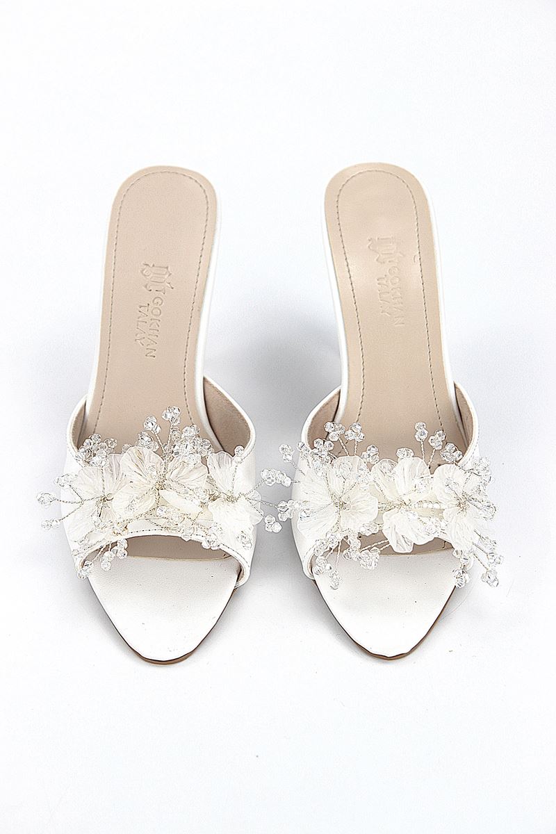 Cosima Esnek Yumuşak Kaymaz Taban (8 cm) Beyaz Cilt El Yapımı şeffaf Yaprak Detaylı Kadın Topuklu Terlik 