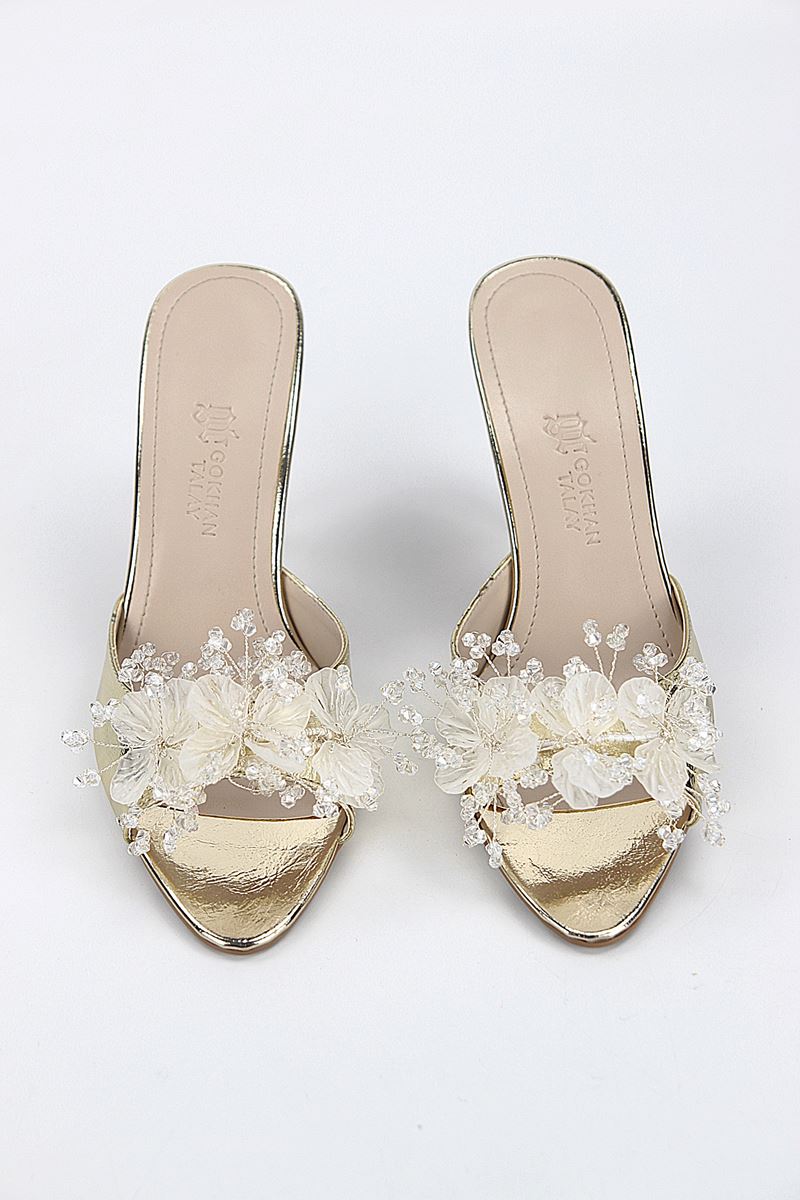 Cosima Esnek Yumuşak Kaymaz Taban (8 cm) Dore El Yapımı şeffaf Yaprak Detaylı Kadın Topuklu Terlik 