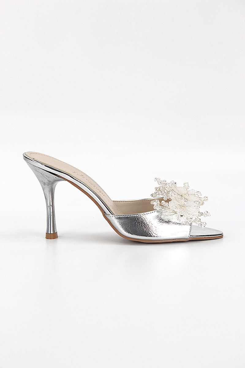 Cosima Esnek Yumuşak Kaymaz Taban (8 cm) Lame El Yapımı şeffaf Yaprak Detaylı Kadın Topuklu Terlik 