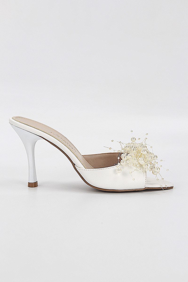 Almas Esnek Yumuşak Kaymaz Taban (8 cm) Beyaz Cilt El Yapımı Boncuk Detaylı Kadın Topuklu Terlik 