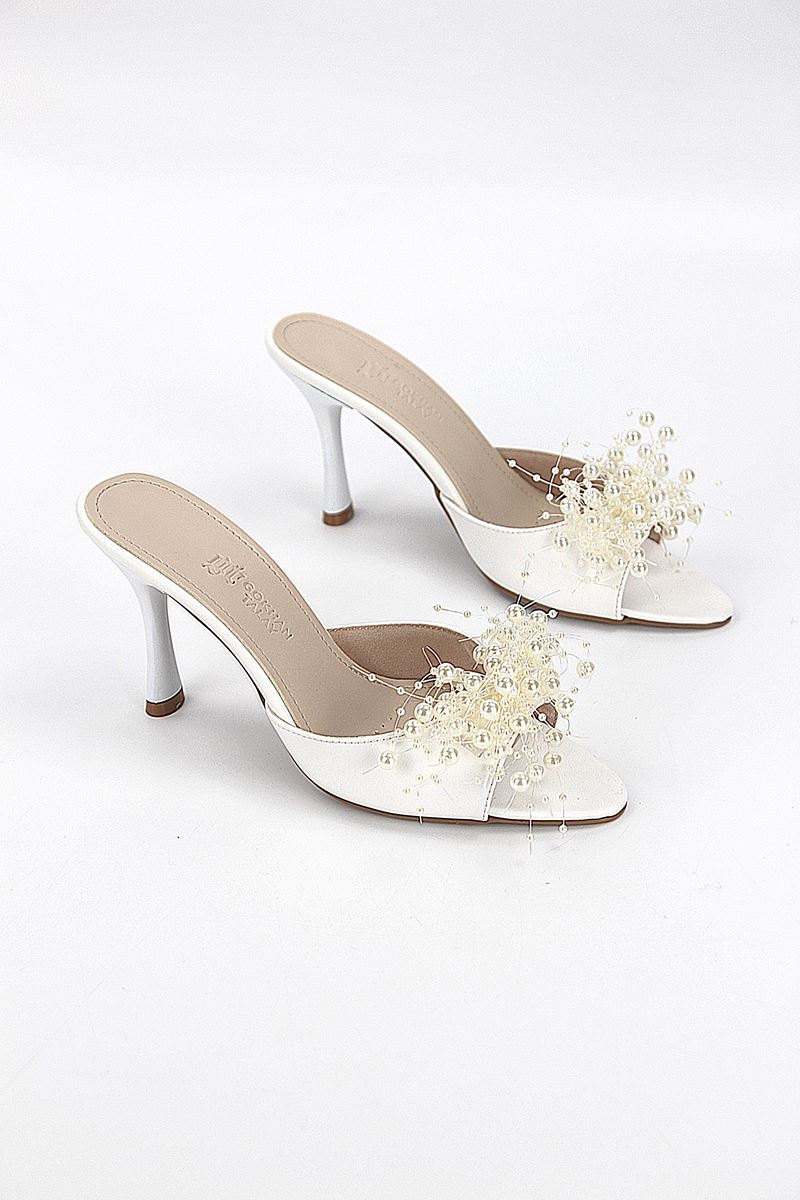 Almas Esnek Yumuşak Kaymaz Taban (8 cm) Beyaz Cilt El Yapımı Boncuk Detaylı Kadın Topuklu Terlik 