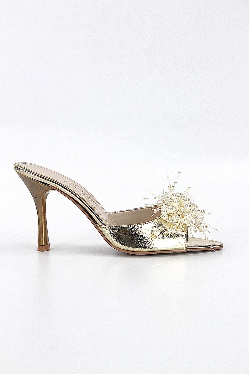 Almas Esnek Yumuşak Kaymaz Taban (8 cm) Dore Metalik El Yapımı Boncuk Detaylı Kadın Topuklu Terlik 