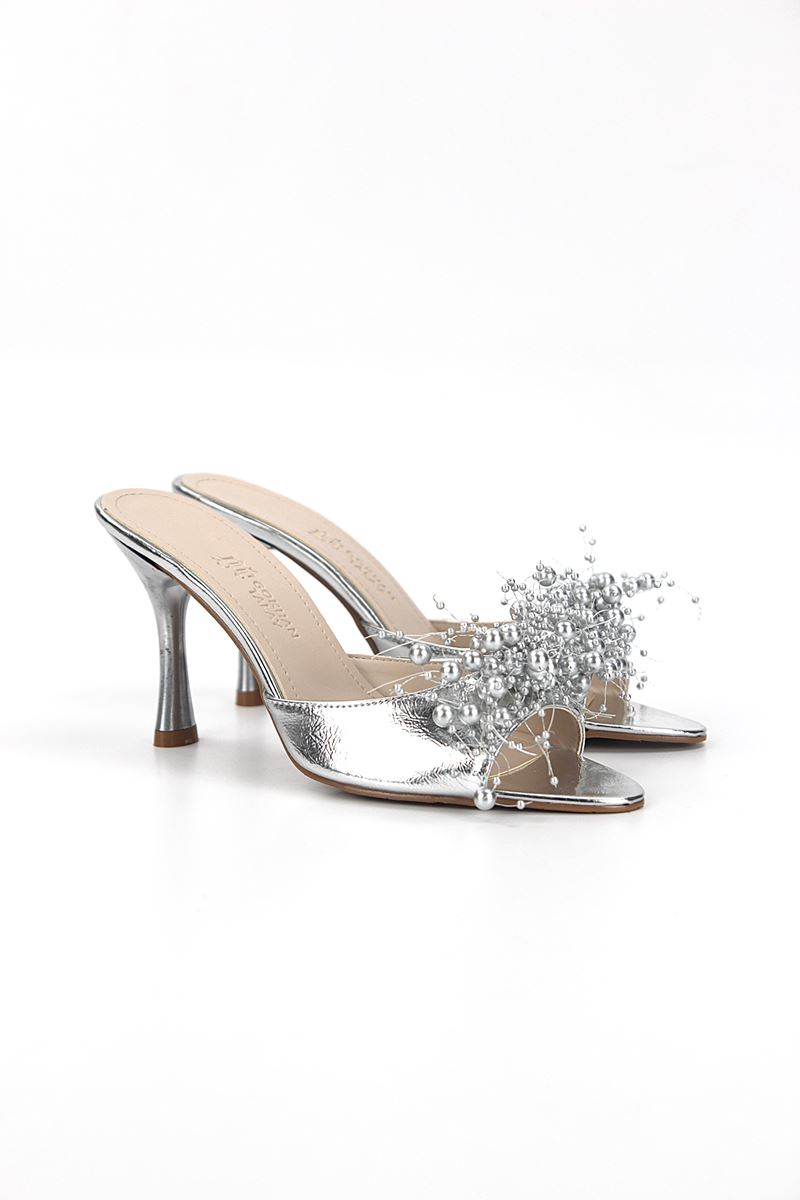 Almas Esnek Yumuşak Kaymaz Taban (8 cm) Lame Metalik El Yapımı Boncuk Detaylı Kadın Topuklu Terlik 