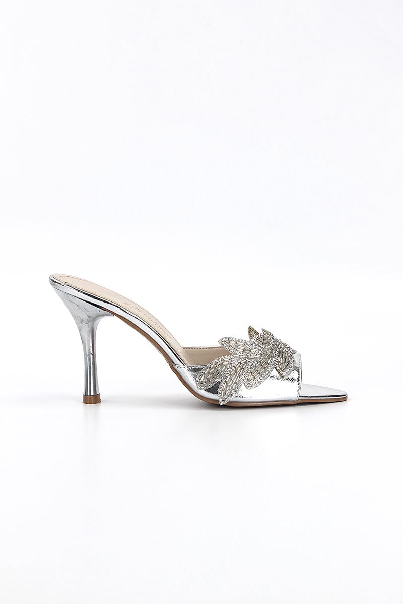 Melantha Esnek Yumuşak Kaymaz Taban (8 cm) Lame Metalik Taşlı Yaprak Detaylı Kadın Topuklu Terlik