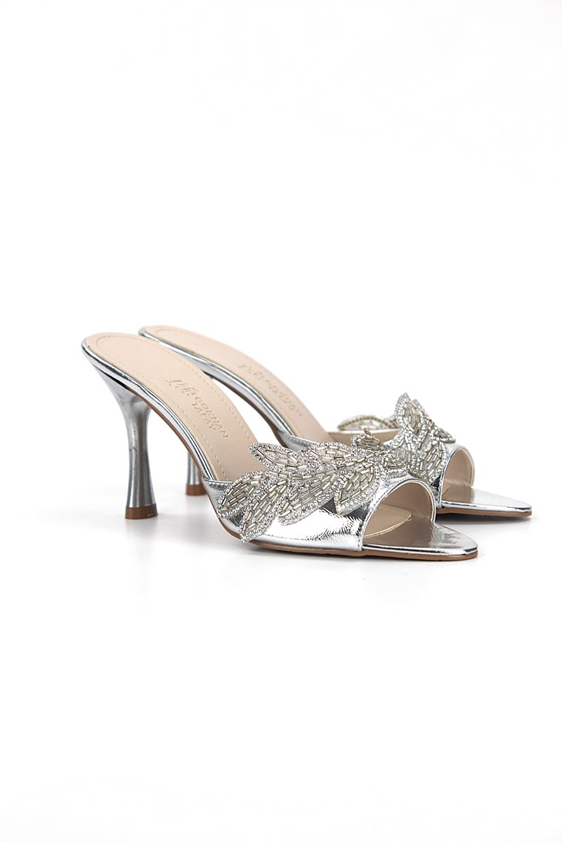 Melantha Esnek Yumuşak Kaymaz Taban (8 cm) Lame Metalik Taşlı Yaprak Detaylı Kadın Topuklu Terlik