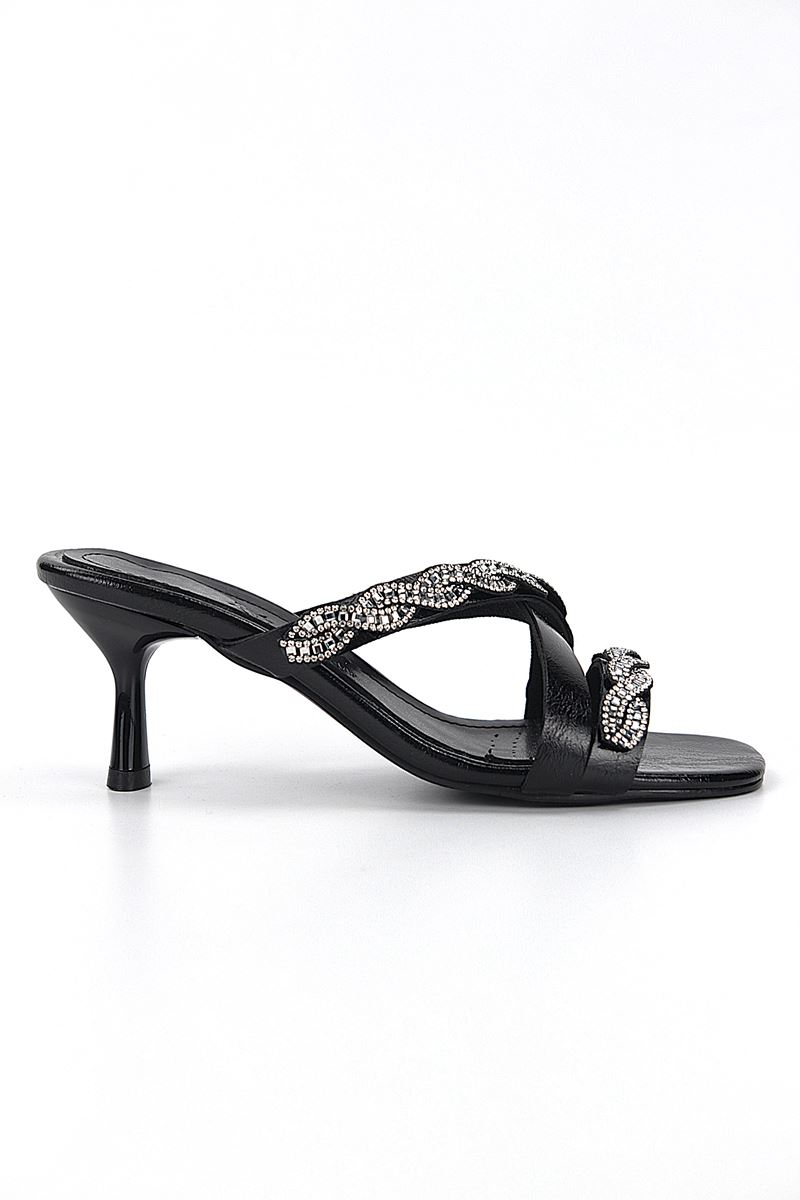 Elaris Esnek Yumuşak Kaymaz Taban (4 cm) Siyah Rugan  Çapraz Çift Sıra Burgu Gümüş Taş Kadın Topuklu Terlik