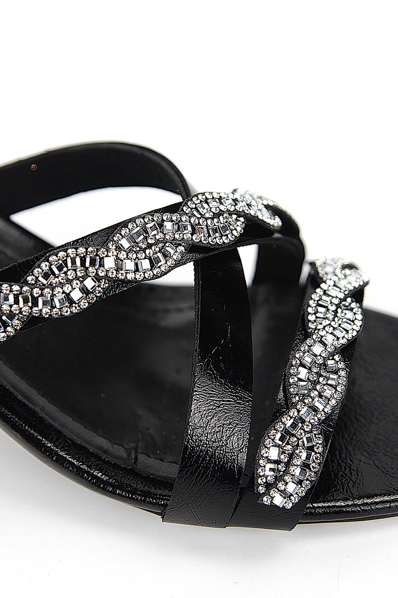 Elaris Esnek Yumuşak Kaymaz Taban (4 cm) Siyah Rugan  Çapraz Çift Sıra Burgu Gümüş Taş Kadın Topuklu Terlik