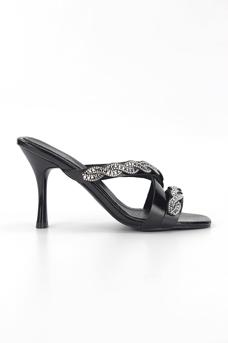 Velmora Esnek Yumuşak Kaymaz Taban (8 cm) Siyah Rugan  Çapraz Çift Sıra Burgu Gümüş Taş Kadın Topuklu Terlik