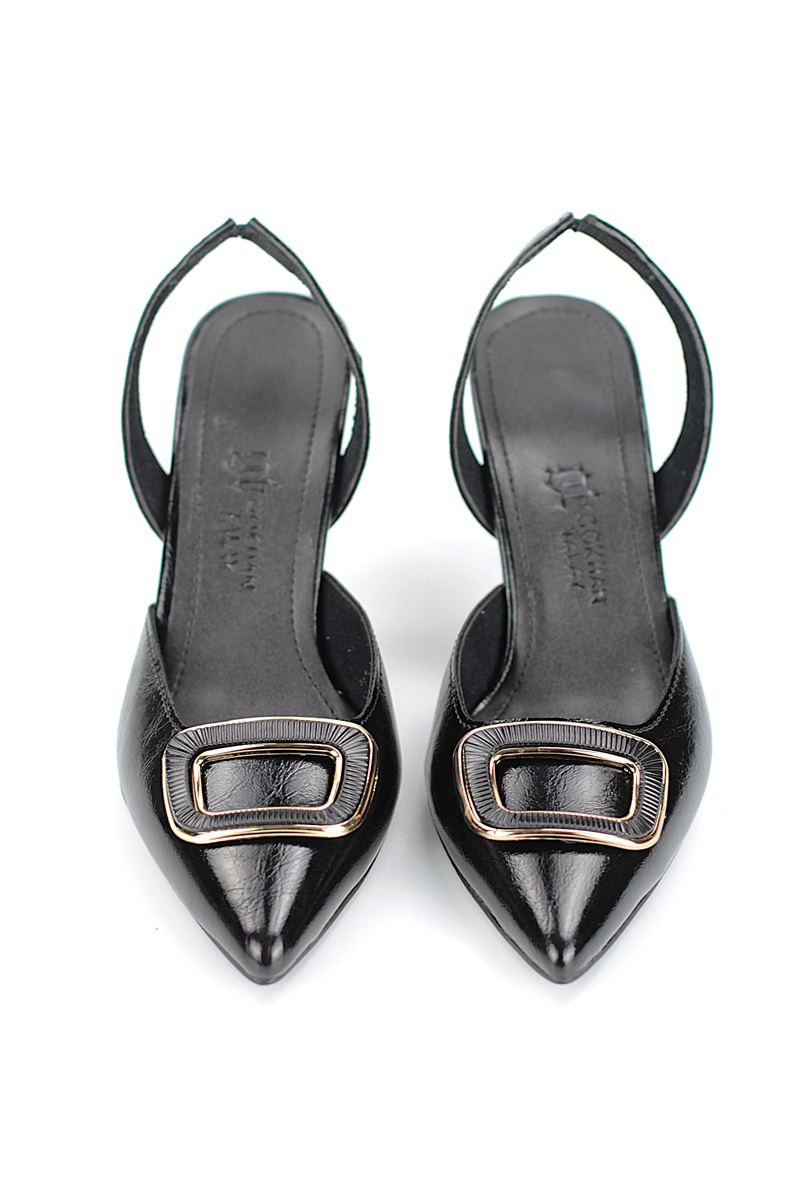 Terya  Esnek Kaymaz Taban Siyah Rugan Orta Topuklu (8 cm) Kemik Toka Detaylı Topuklu Ayakkabı