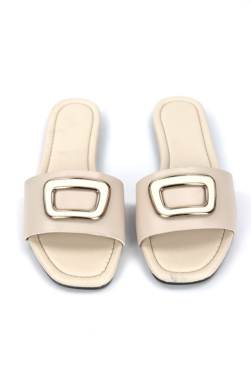 Alenya  Bej Cilt Kemik Toka Detaylı Kadın Terlik