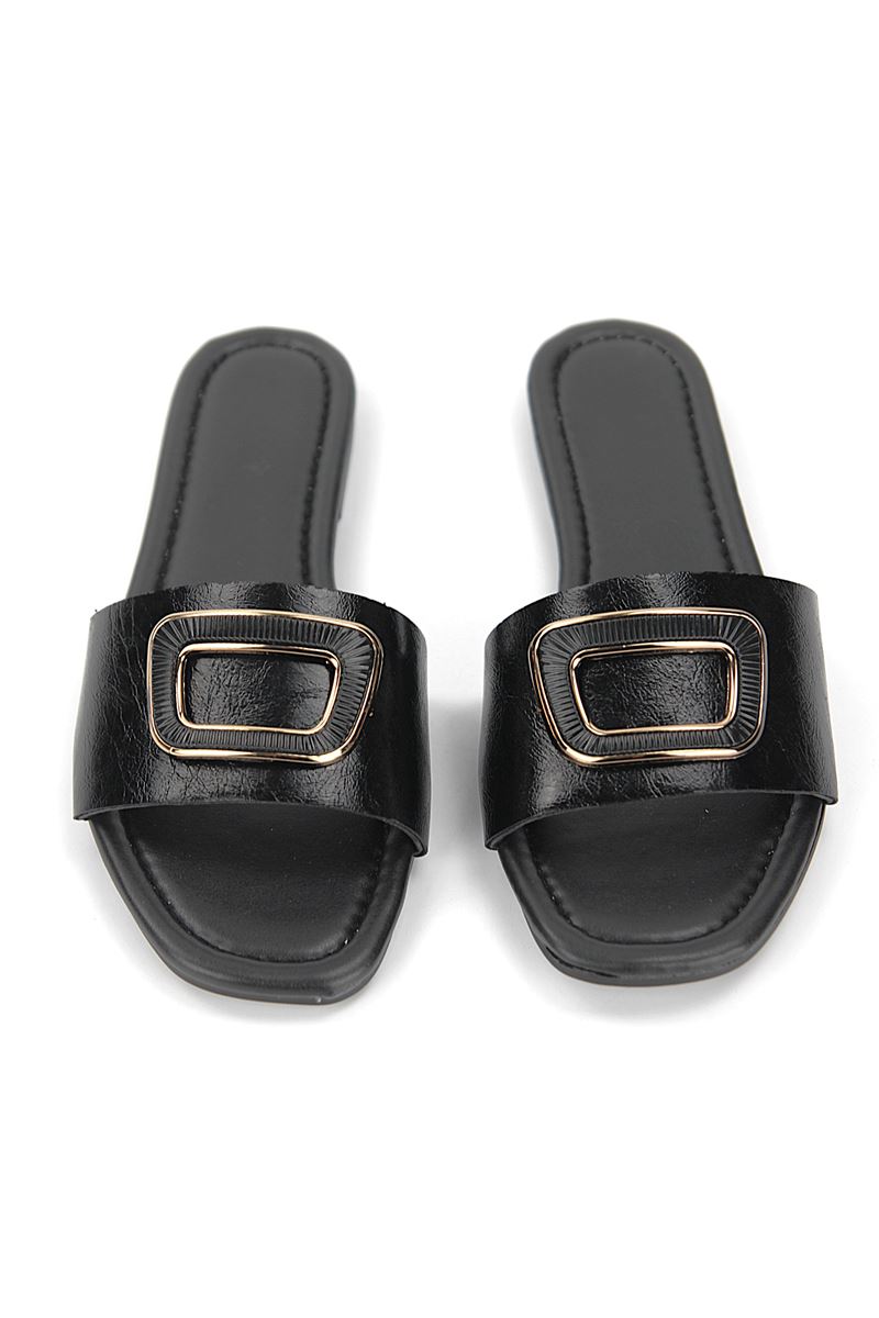 Alenya  Siyah Rugan Kemik Toka Detaylı Kadın Terlik