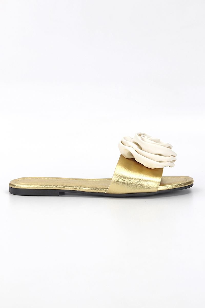 Velrosa Dore Metalik El Yapımı Beyaz Gül Detaylı Kadın Terlik