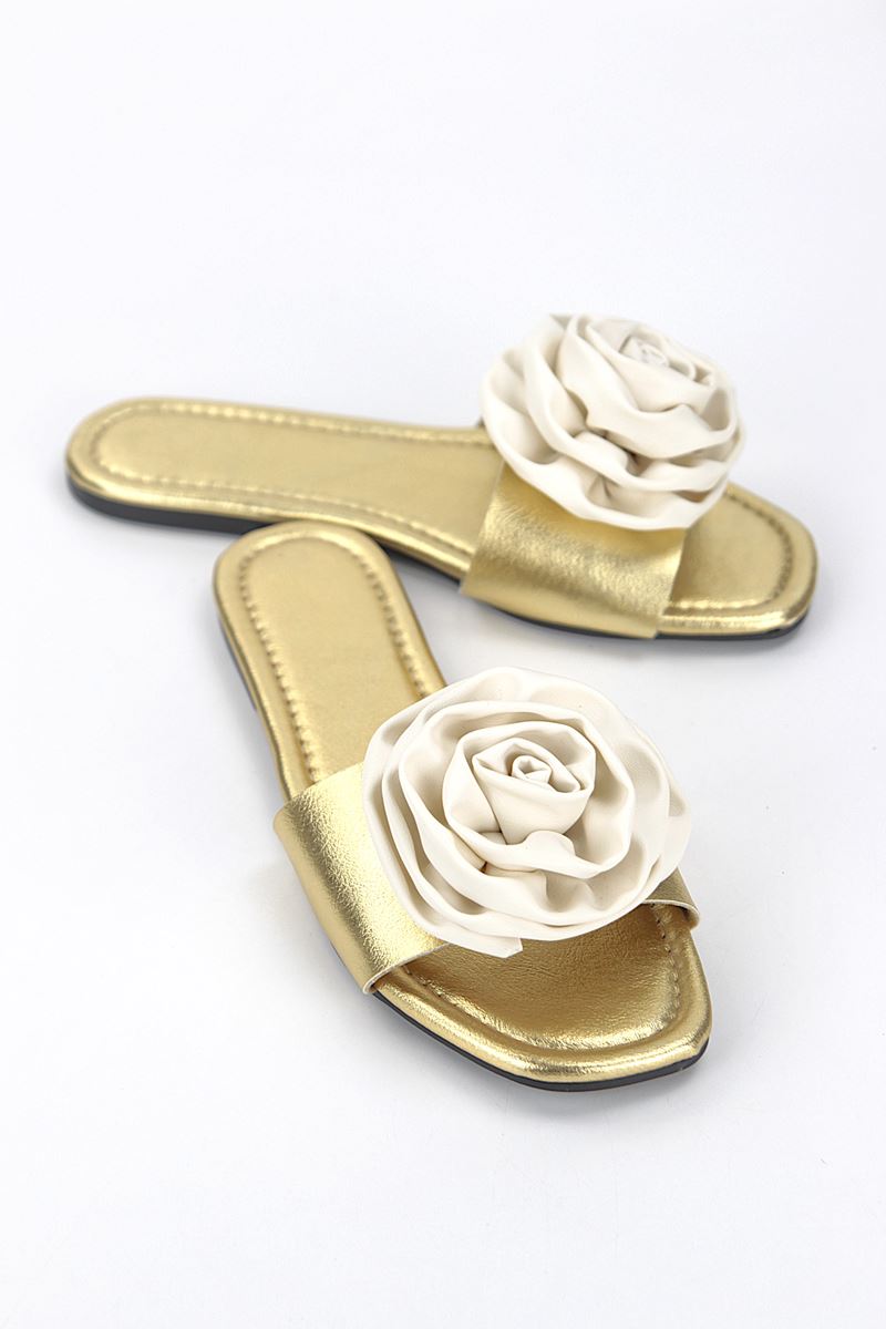 Velrosa Dore Metalik El Yapımı Beyaz Gül Detaylı Kadın Terlik