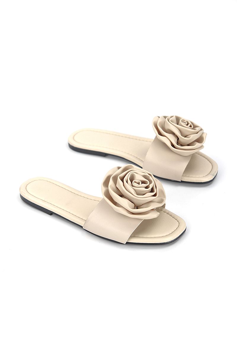 Rosenya Bej Cilt El Yapımı  Gül Detaylı Kadın Terlik