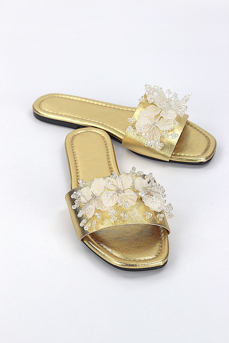 Florelle Dore Metalik El Yapımı  Şeffaf Yaprak Boncuk Detaylı Kadın Terlik