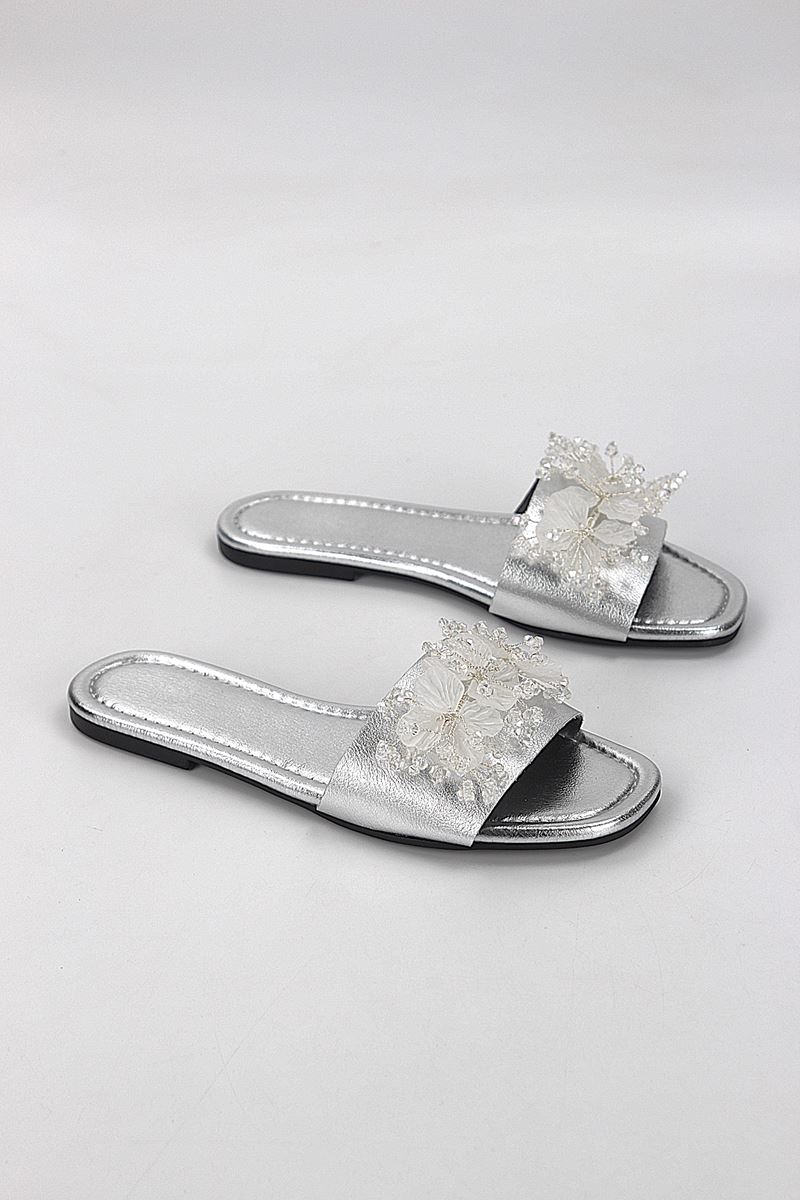 Florelle Lame Metalik El Yapımı  Şeffaf Yaprak Boncuk Detaylı Kadın Terlik