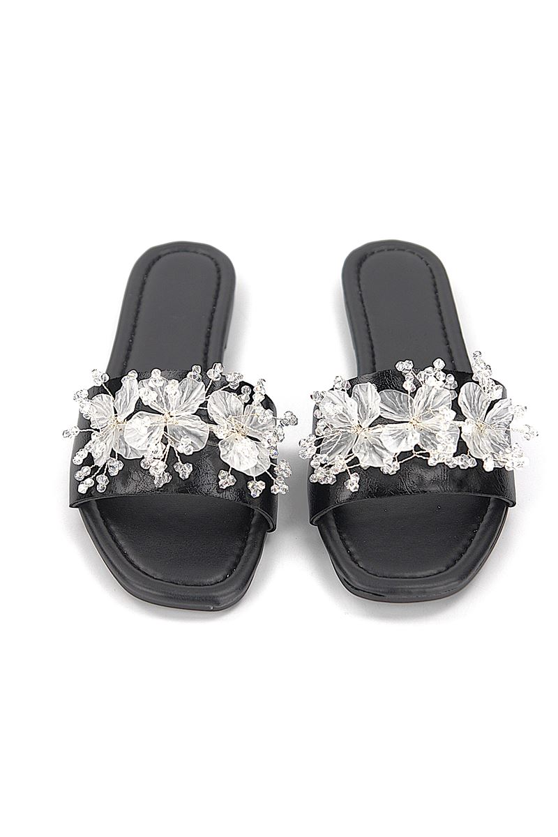 Florelle Siyah Rugan El Yapımı  Şeffaf Yaprak Boncuk Detaylı Kadın Terlik