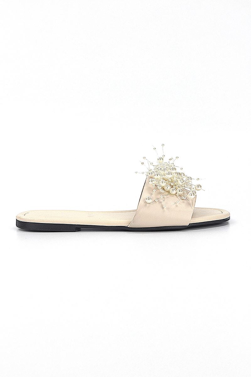 Jumana Bej Cilt El Yapımı Boncuk Detaylı Kadın Terlik