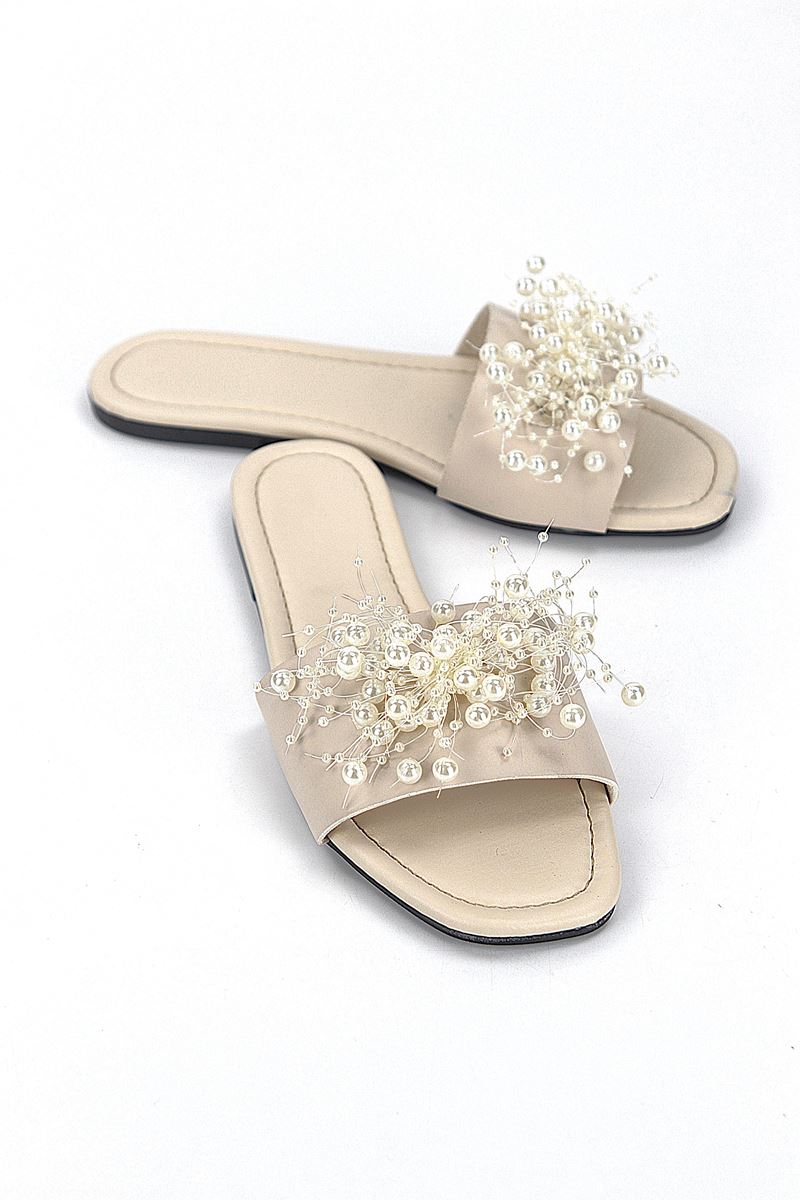 Jumana Bej Cilt El Yapımı Boncuk Detaylı Kadın Terlik