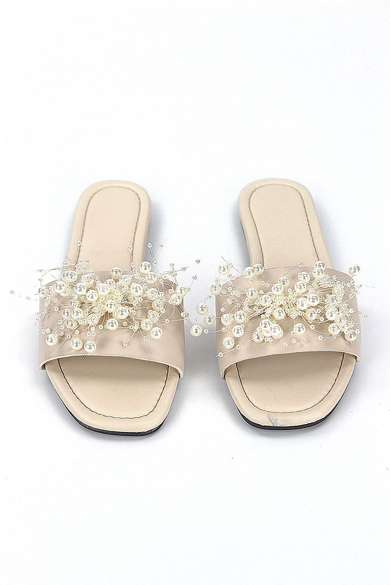 Jumana Bej Cilt El Yapımı Boncuk Detaylı Kadın Terlik