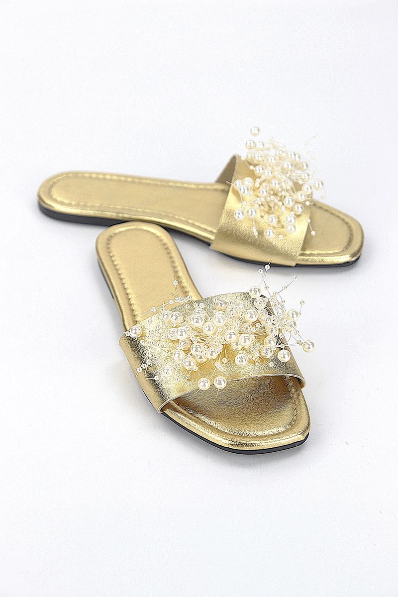 Jumana Dore Metalik El Yapımı Boncuk Detaylı Kadın Terlik