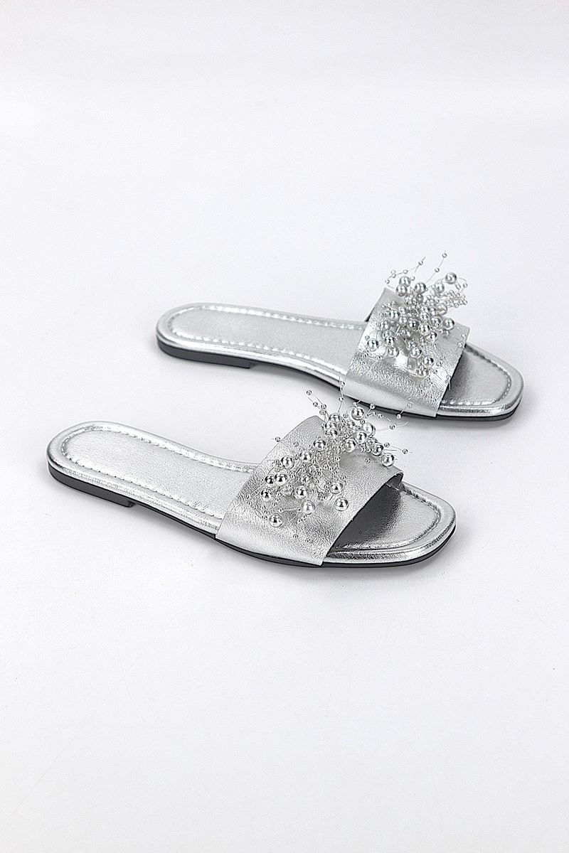 Jumana Lame Metalik El Yapımı Boncuk Detaylı Kadın Terlik