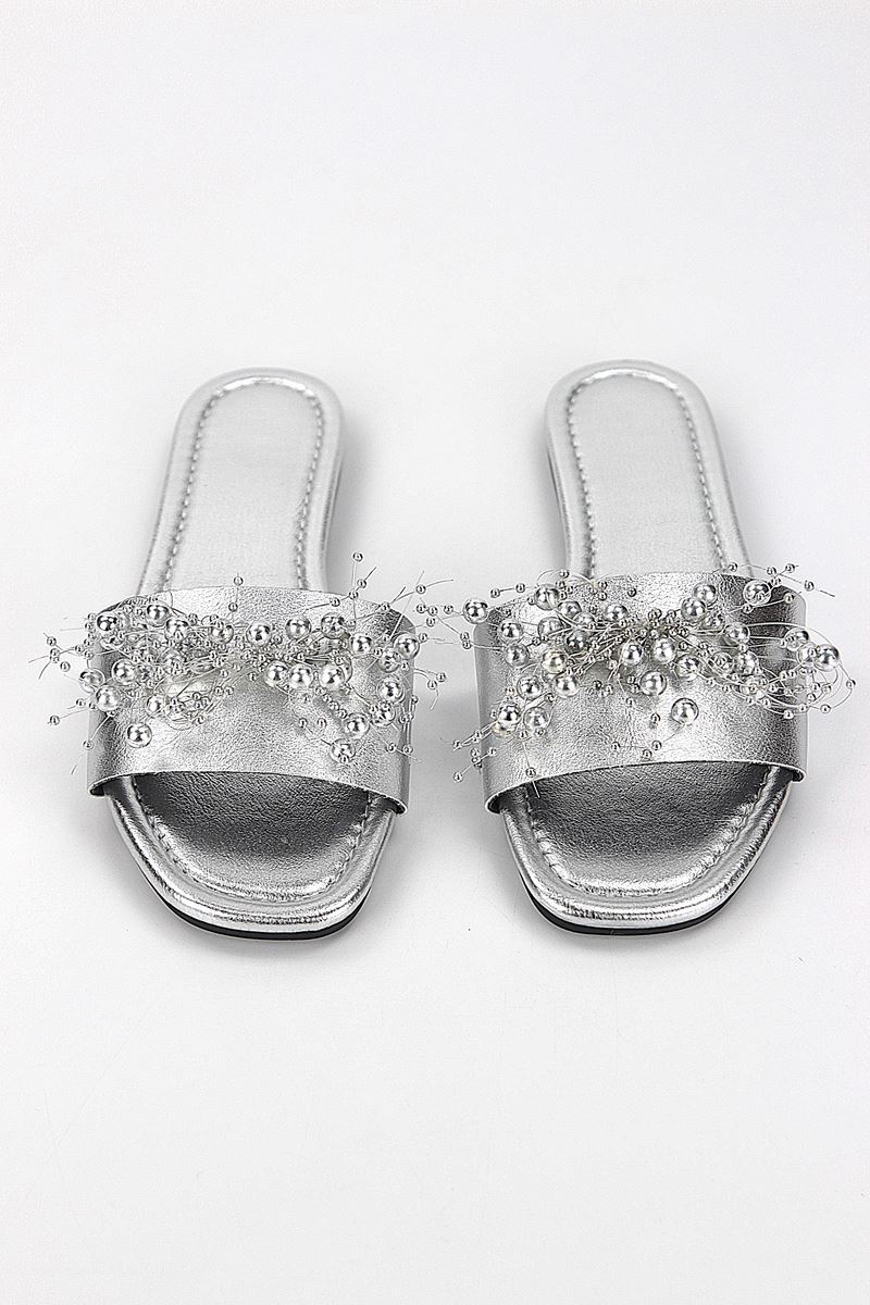 Jumana Lame Metalik El Yapımı Boncuk Detaylı Kadın Terlik
