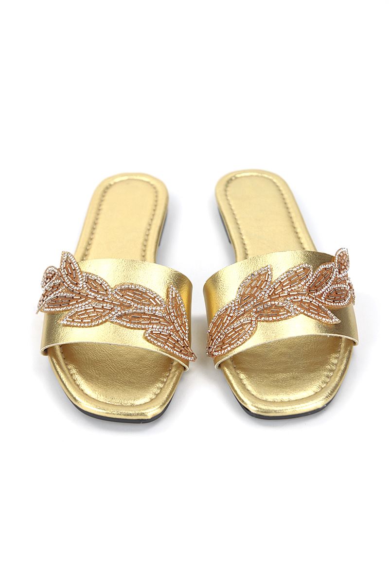 Lioren Dore Metalik El Yapımı Yaprak Taş Detaylı Kadın Terlik