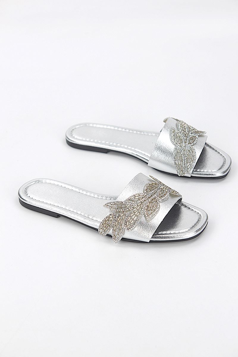 Lioren Lame Metalik El Yapımı Yaprak Taş Detaylı Kadın Terlik