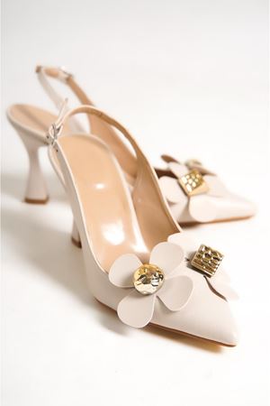 Chiara Bej Çiçekli Orta Topuklu (8 cm) Klasik Topuklu Ayakkabı