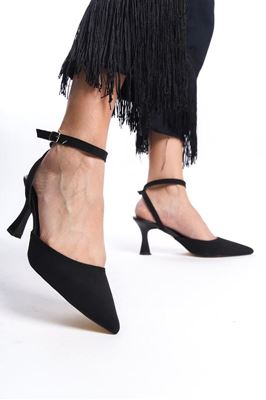 Amy Siyah Süet Orta Topuklu (6 cm) Arkası Açık Klasik Topuklu Ayakkabı