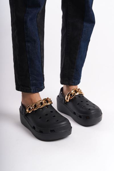 Estelle Siyah Cilt Kalın Zincir Düz Topuklu(5 cm) Terlik