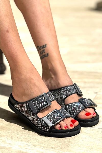 Lena Siyah Renkli Taş Düz Topuklu(2 cm) Terlik