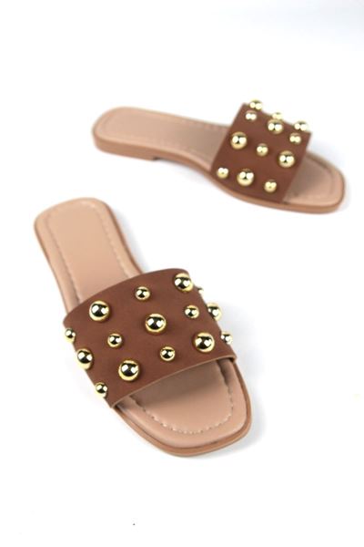 May Kadın Altın Yuvarlak Toka Detaylı Taba Cilt Terlik