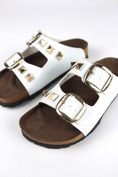 Judy Kadın Çift Geçme Detaylı Beyaz Cilt Terlik