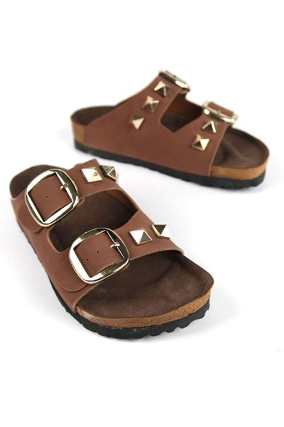 Judy Kadın Çift Geçme Detaylı Taba Cilt Terlik