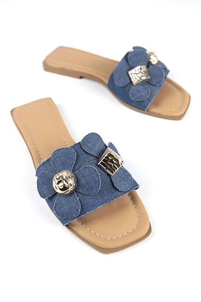 October Kadın Çiçek Detaylı Lacivert Kot Terlik