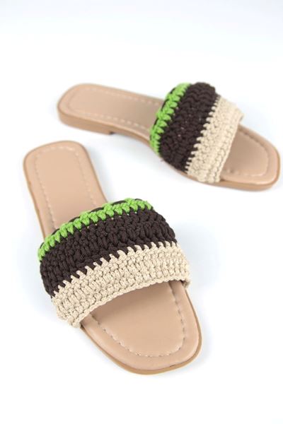 Uranüs Kadın Renkli Örgü Detaylı Kahverengi Cilt Terlik